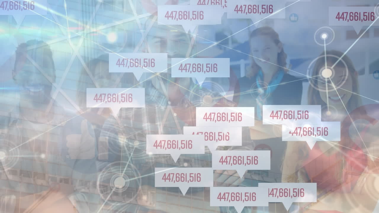 사업가들의 애니메이션과 연결 네트워크를 통해 바뀌는 숫자