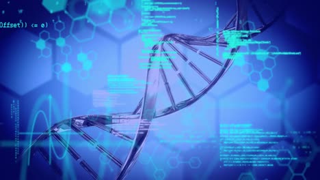 Animación-Del-Hilado-De-Cadenas-De-ADN-En-3D-Y-Procesamiento-De-Datos-Científicos-Sobre-Fondo-Azul.