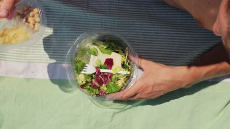 person eating salad on a picnic blanket