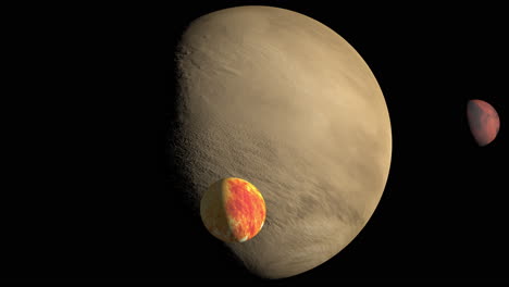 animación de un planeta gigante gaseoso con dos lunas, luz del sol moviéndose con rotación