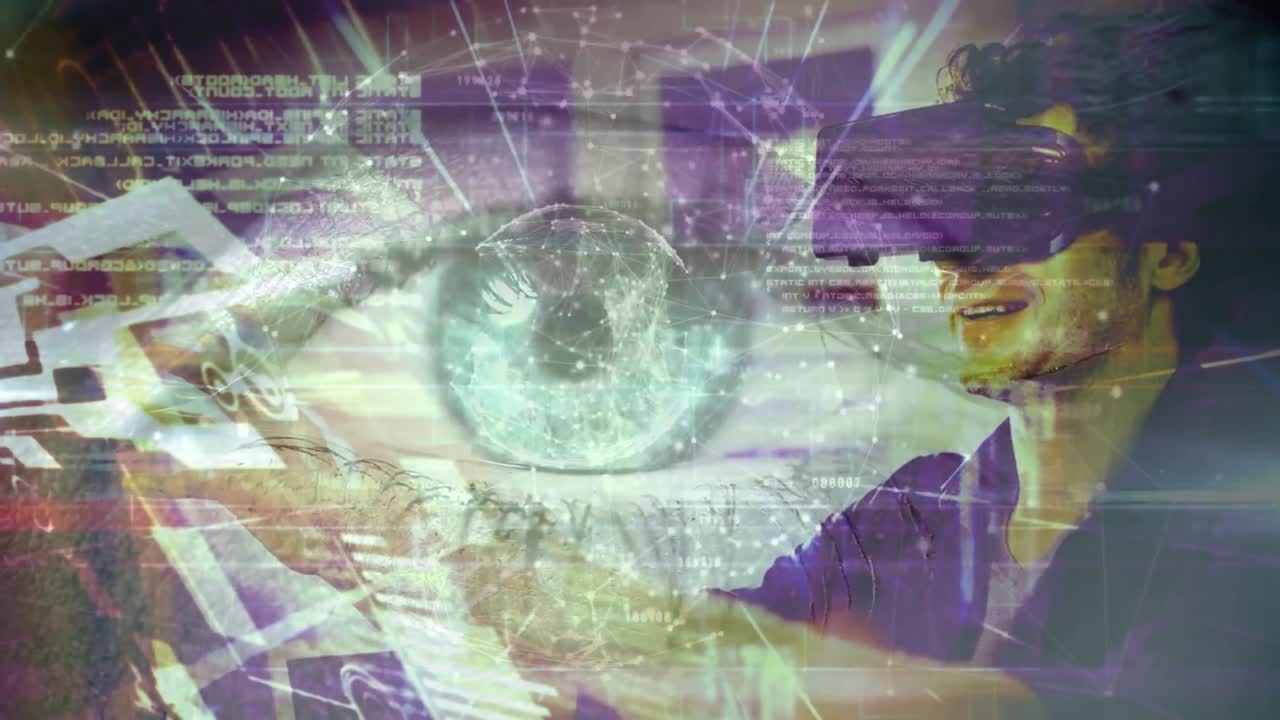 과학 구성 애니메이션 눈은 증강 현실을 사용하여 사람과 결합됩니다.