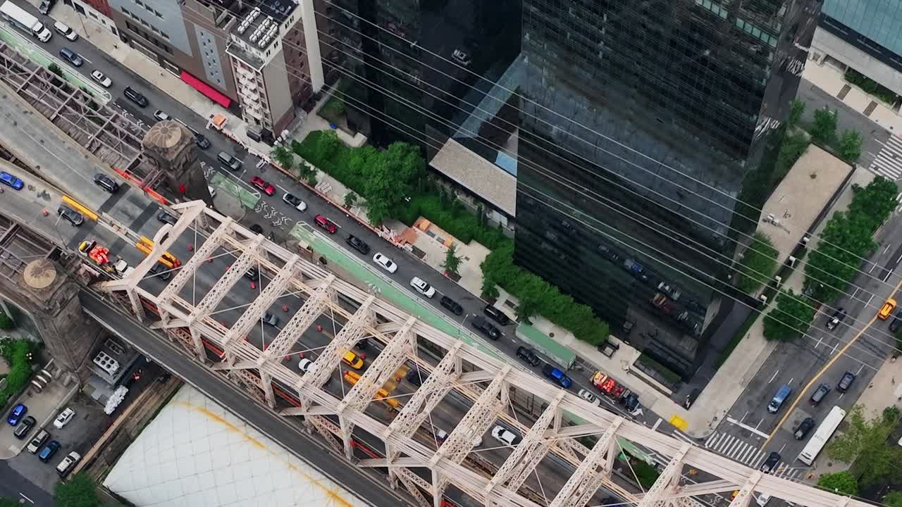 Aerial view of New York City showing traffic and urban landscape