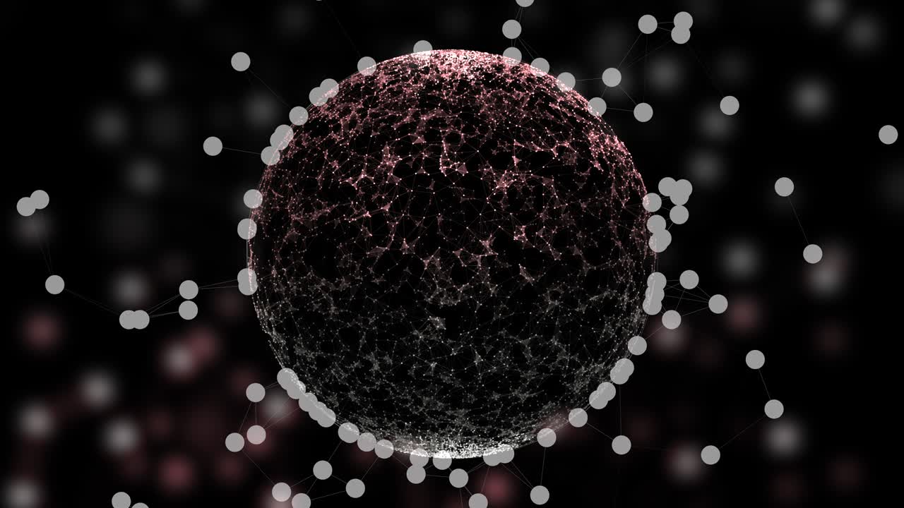 Abstract interactive detection system scanning plexus sphere over blurred dark background.