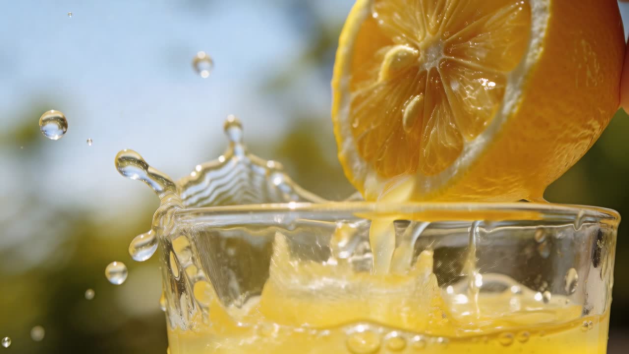 Un mezzo limone spremuto sopra un bicchiere trasparente, che rilascia zampilli e forma uno schizzo a corona per la bevanda.