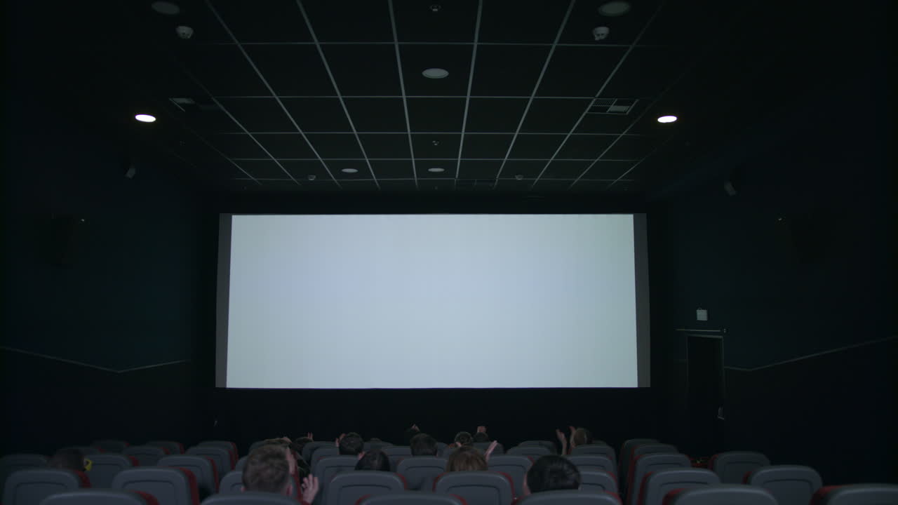 Spectators sitting in front of white screen. People applauding in cinema