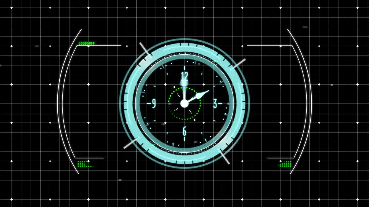 검은색 배경에서 범위와 격자 위에 빠르게 움직이는 시계의 애니메이션