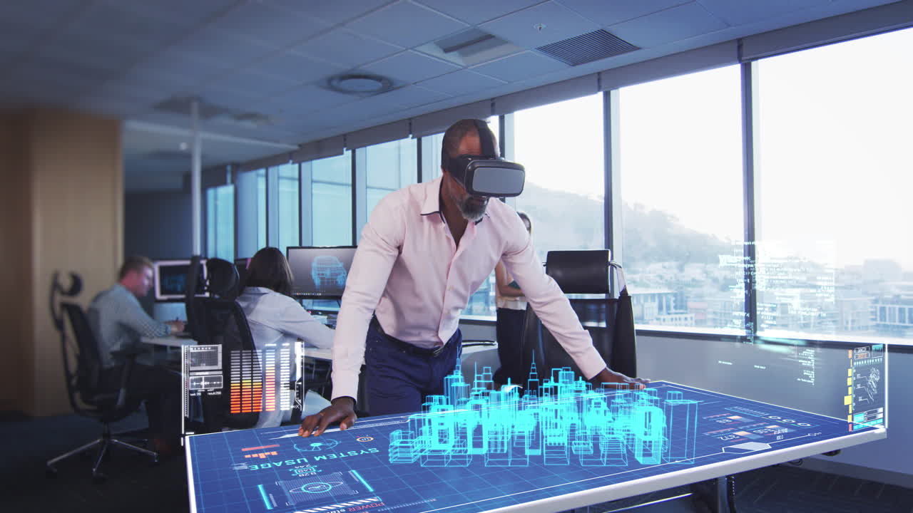 Animation of a businessman wearing a VR headset with a 3d plan on a table