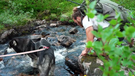 Wanderer-Füllt-Mit-Seinem-Hund-Seine-Wasserflasche-Im-Bach-Auf