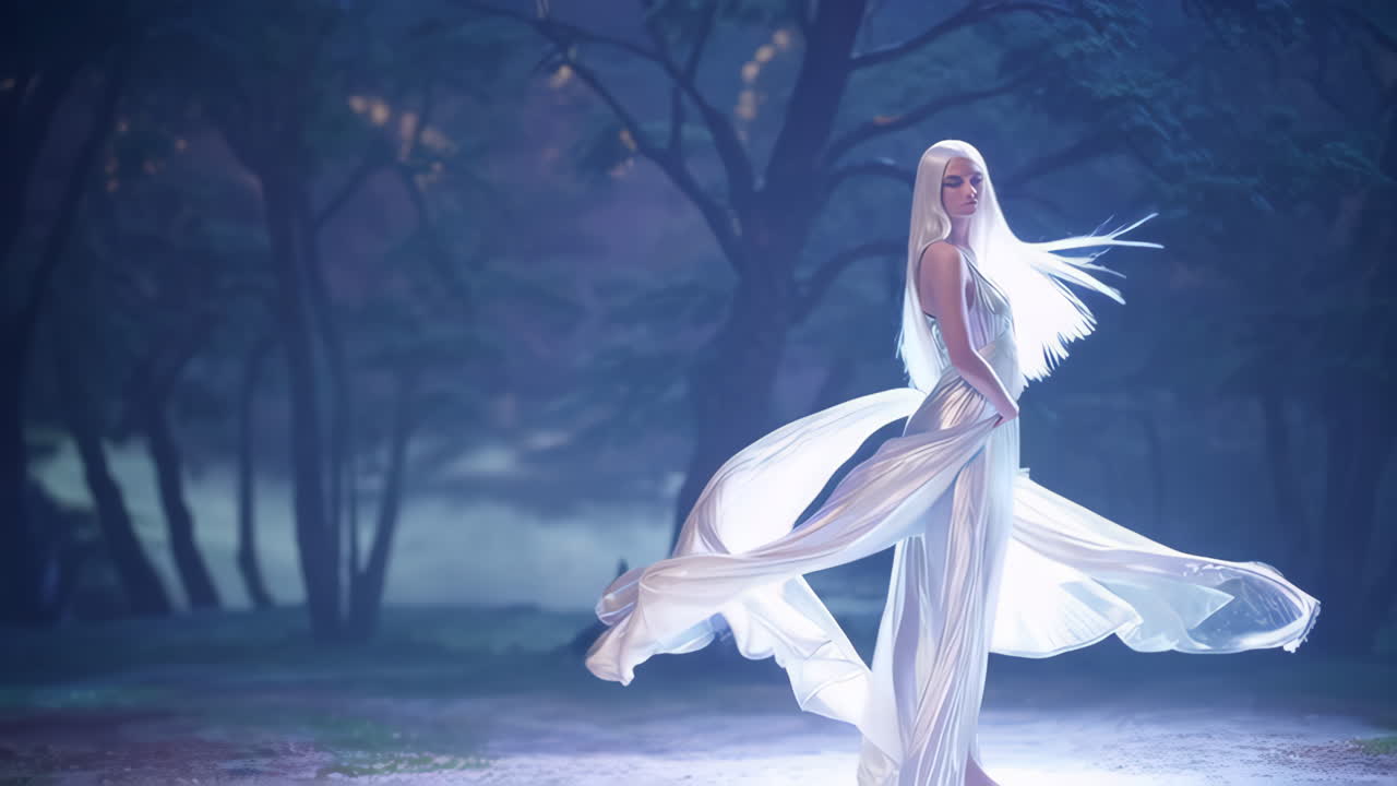 Una donna in un abito argento e bianco in una foresta fantastica di notte.