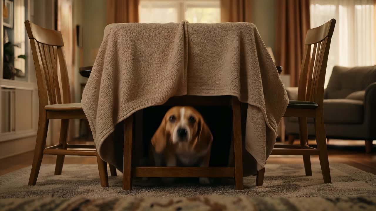 Beagle con collare sollevato che gira la testa sotto una fortezza di coperte in soggiorno, sentendo un suono