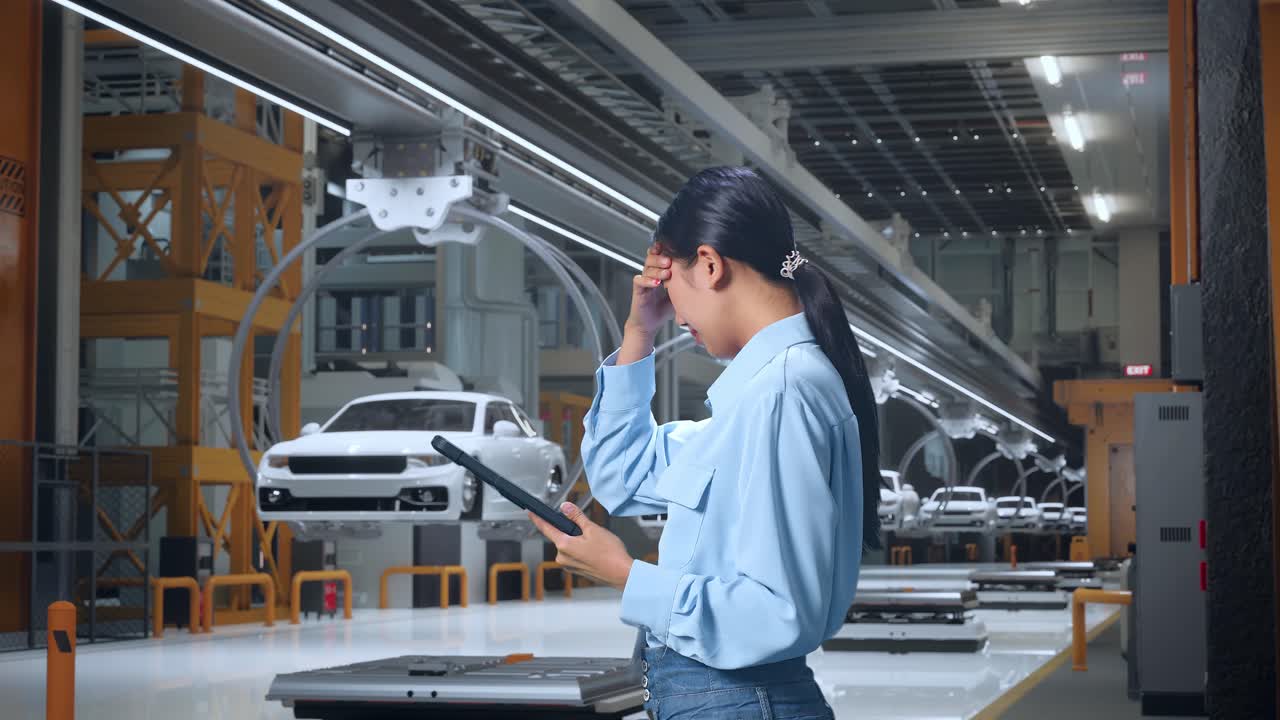 trabajador de fábrica estresado en la línea de ensamblaje