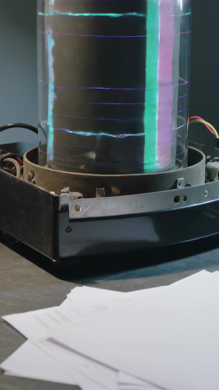 Vertical video: Cyan streak appearing view shifting down revealing base papers tube emitting rings