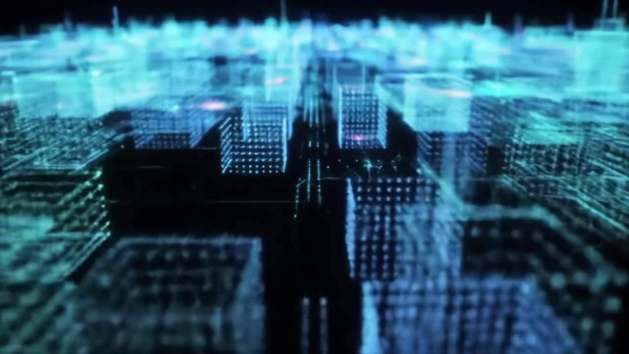 A Glimpse into a Futuristic Digital Cityscape: Exploring Vast Networks of Neon Lights and Data Architecture in a Hypothetical Metropolis