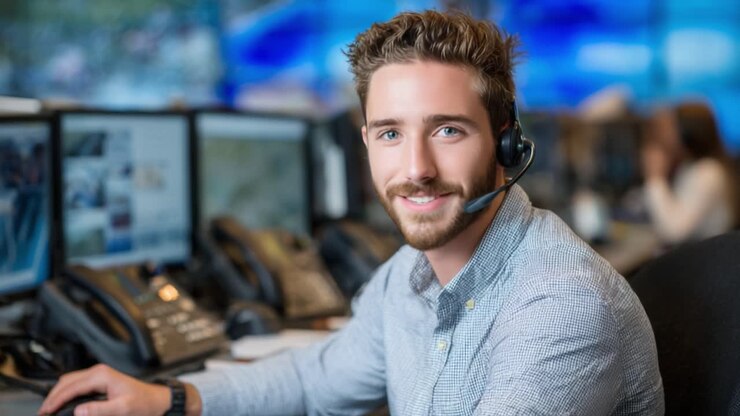 Engaging Customer Service Representative Brightens the Workspace with a Friendly Smile During a Call in a Modern Office Environment