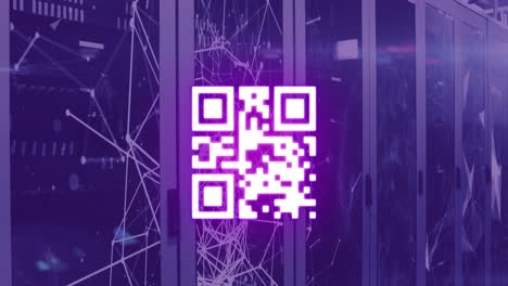 animation of qr code and network of connections over server room