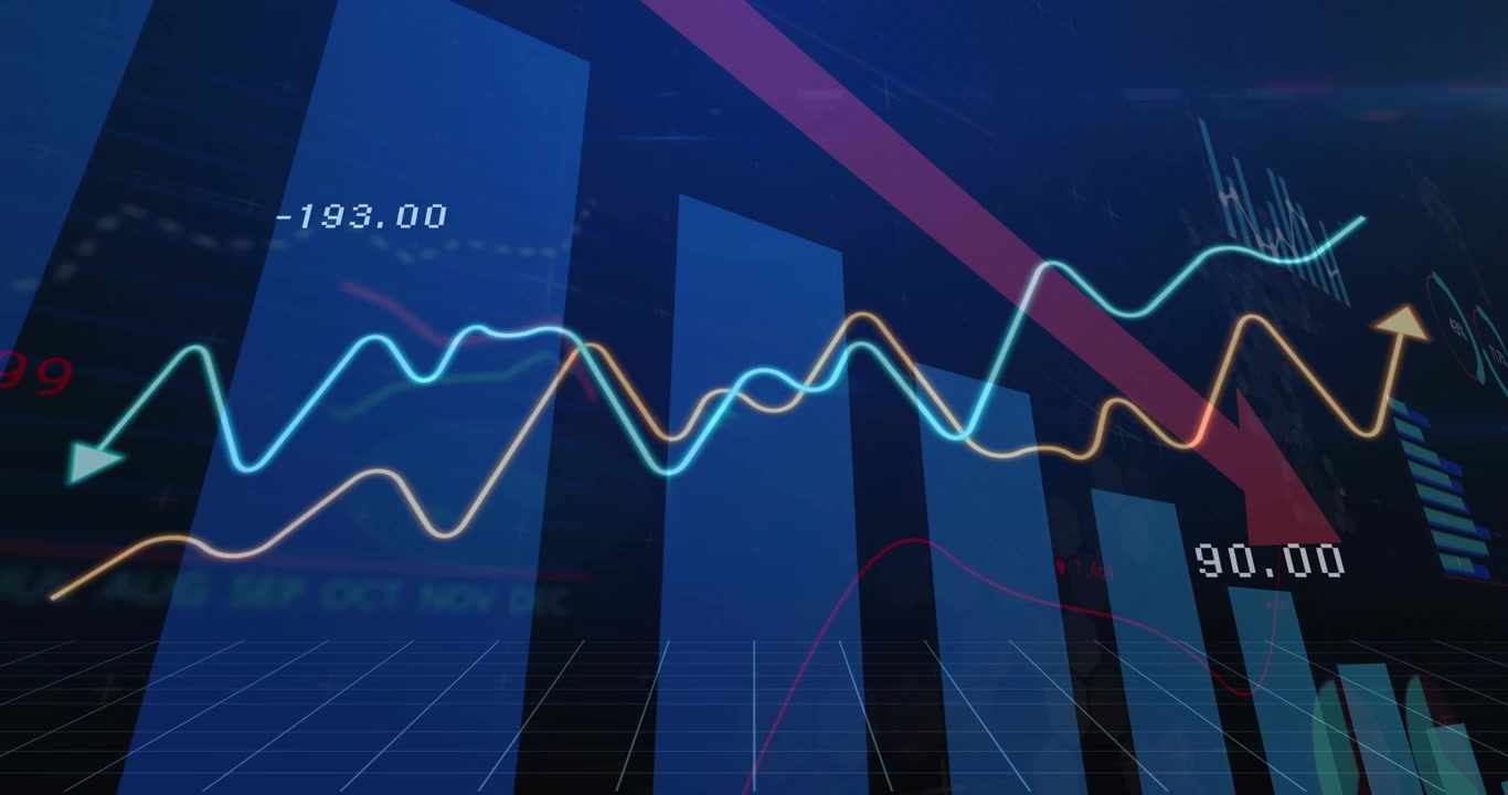 Bar chart receiving live finance feed, orange and cyan lines weaving across bars, showing downturn