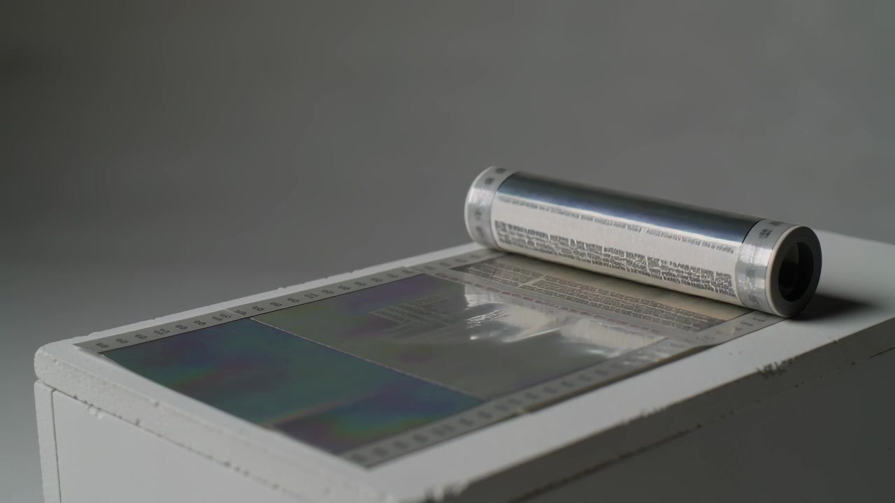 Unspooling foil roll sliding right on white pedestal, revealing film sheet rainbow sheen