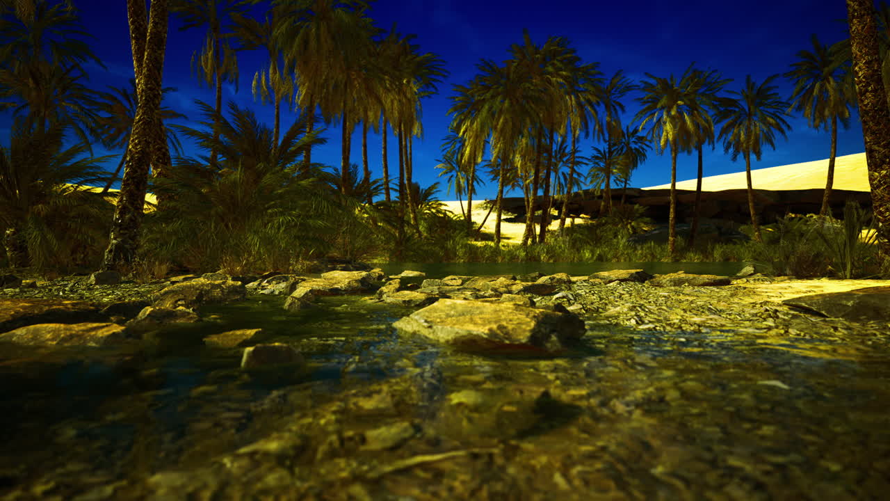Desert oasis with palm trees and a clear blue sky at twilight