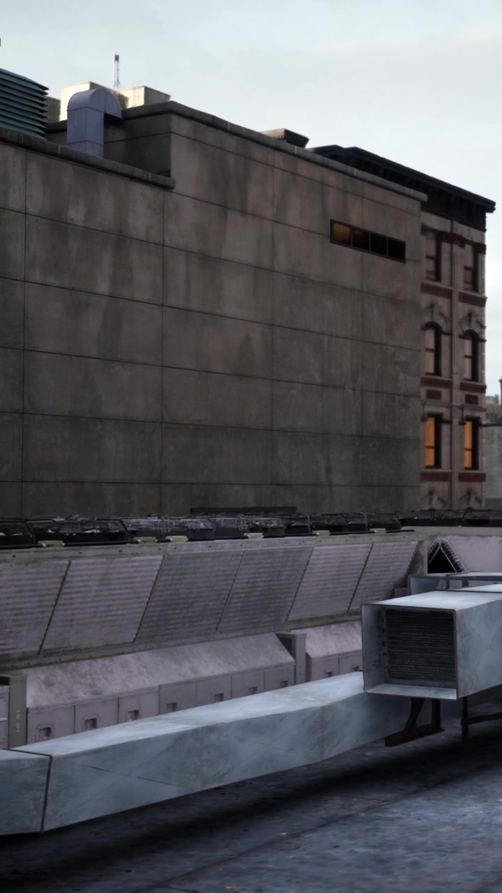 Vista de tejados con estructuras metálicas en un entorno urbano al atardecer