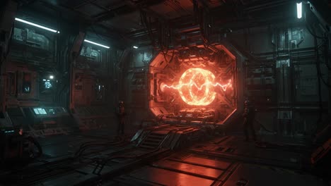 futuristic laboratory: scientists collaborate in a high-tech facility with an advanced energy source and intense visuals of pulsating light and complex equipment