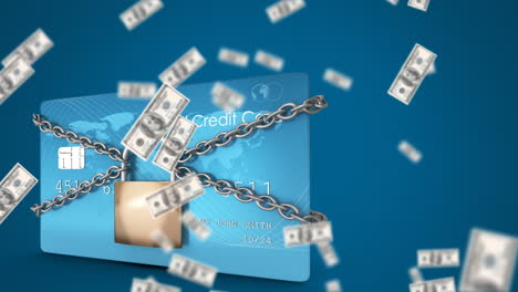 animation of american dollar banknotes falling over credit card in chain