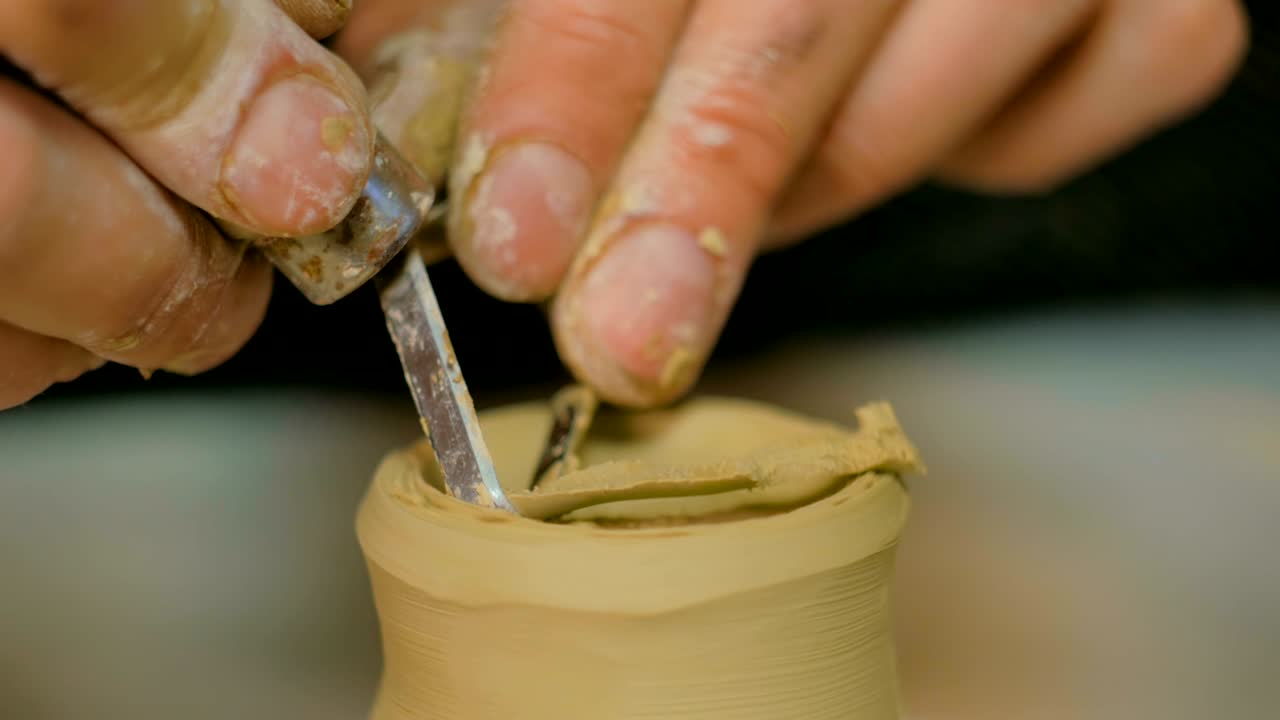 taza de tallado de alfarero profesional con herramienta especial en taller de cerámica