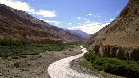 tilt up handheld shot of a river in the himalayan mountains as cutting through a valley