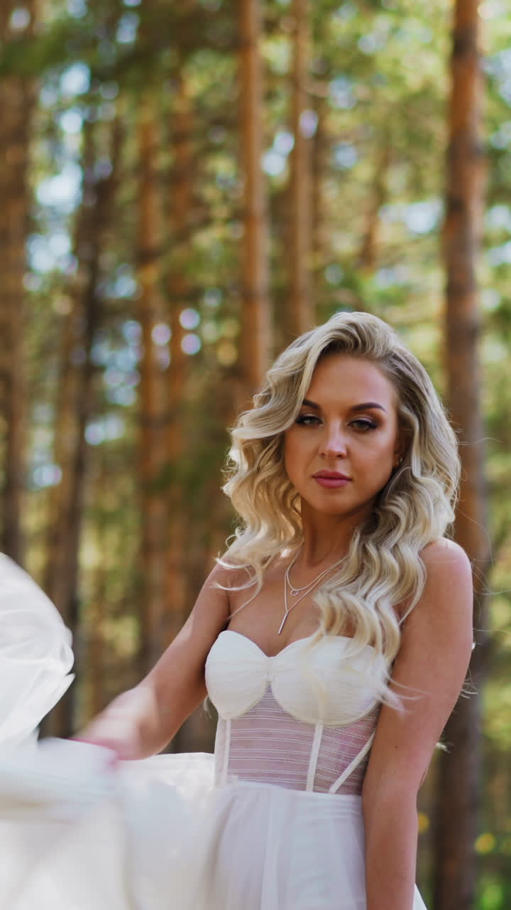 Pretty blonde woman bride with curly locks in lacy wedding dress waves long dress skirt train holding fresh flowers bouquet in city park slow motion