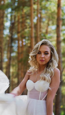 pretty blonde woman bride with curly locks in lacy wedding dress waves long dress skirt train holding fresh flowers bouquet in city park slow motion
