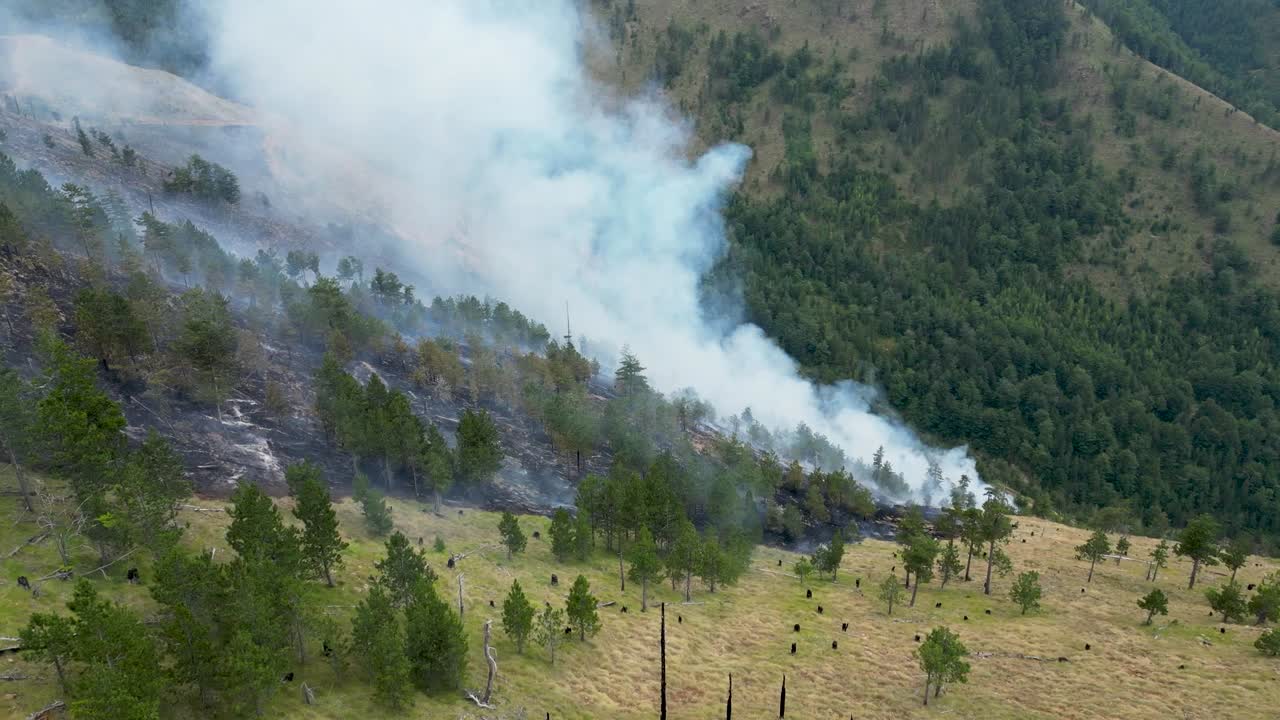 nubes de humo provenientes de un incendio forestal que quema un bosque en la montaña