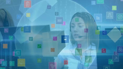 animación de la red de conexiones con iconos sobre personas de negocios que usan auriculares telefónicos