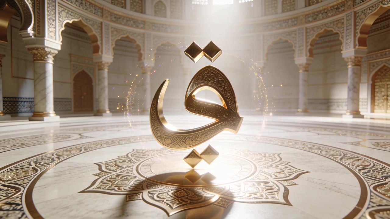 Medaglione illuminato in una sala a cupola, lucernario che rivela un emblema arabo dorato che si innalza, emettendo scintille.