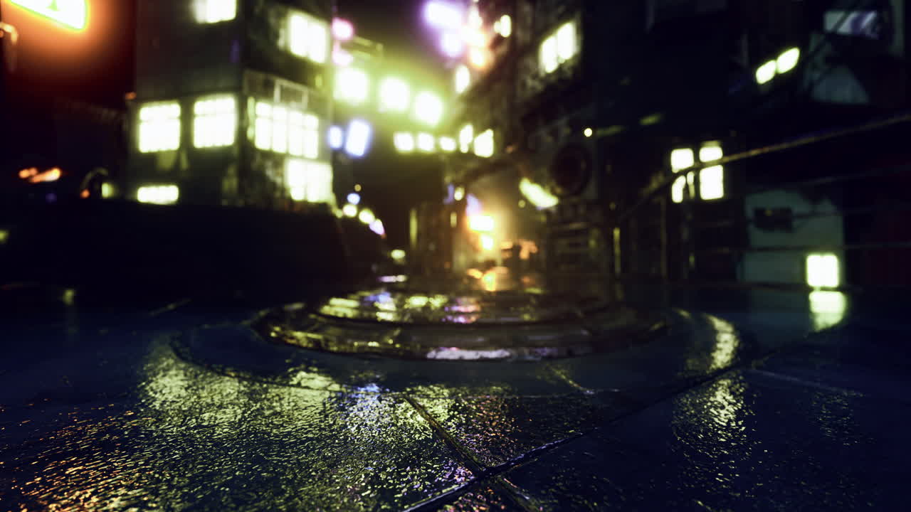 밤에는 활기찬 도시에서 비가 오는 거리에서 반사됩니다.