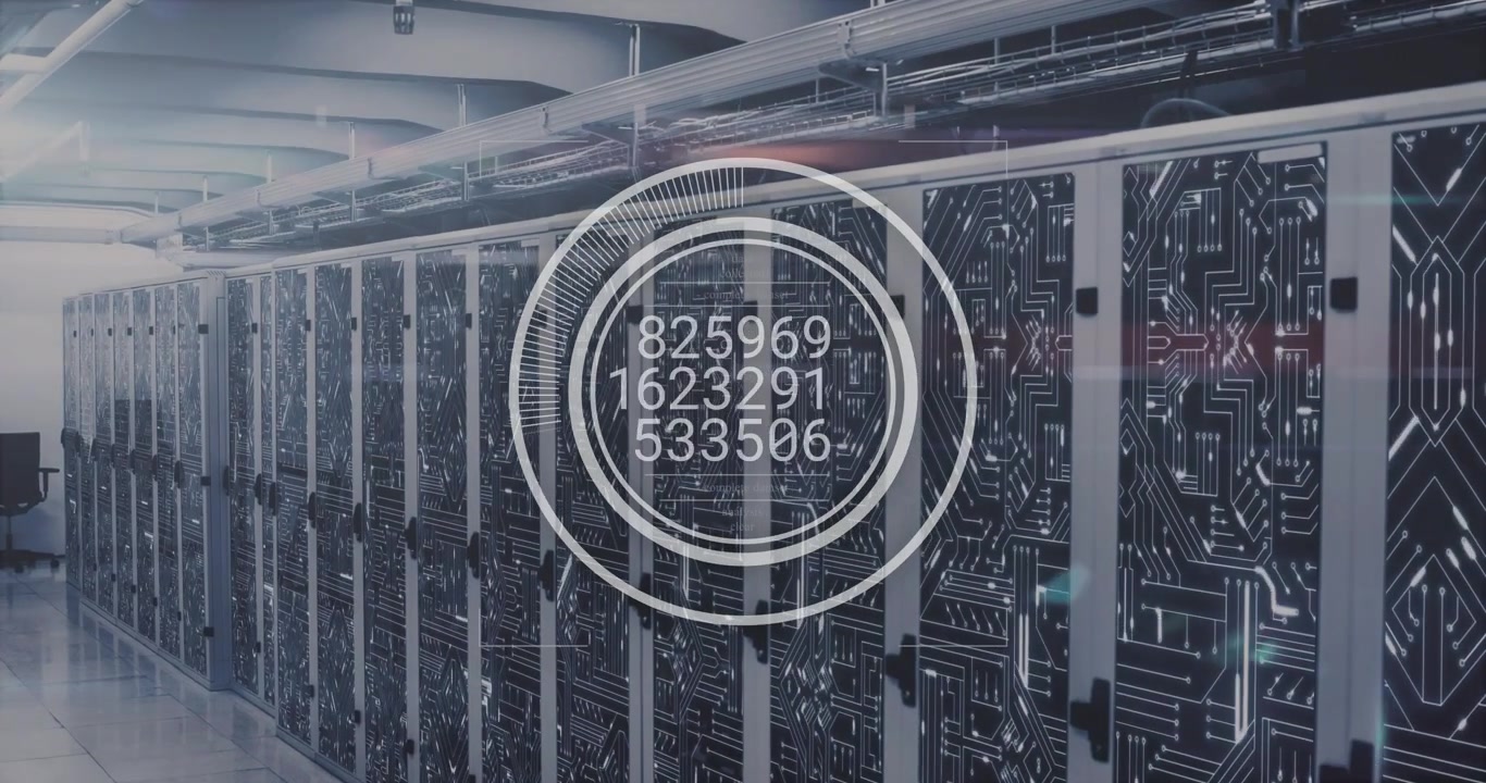 Interface fading into view server aisle showing rings then updating metrics for server monitoring