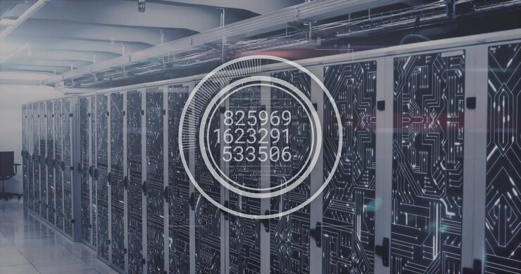 Interface fading into view server aisle showing rings then updating metrics for server monitoring
