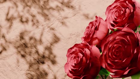red roses on beige textured background with floral shadows on the wall. romance, celebration and valentine's day concept, poster. floral composition with copy space. vertical