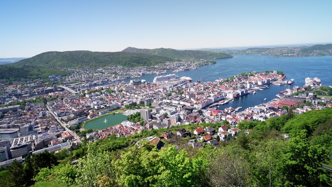 The city of Bergen, Norway, panoramic views, particularly when seen from elevated locations. These views often feature the harbor, historic Bryggen wharf, and the surrounding fjords and mountains