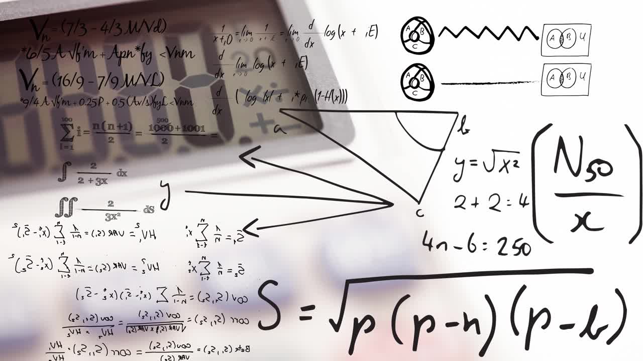 animación de ecuaciones matemáticas escritas a mano que se mueven sobre la pantalla de la calculadora, en blanco