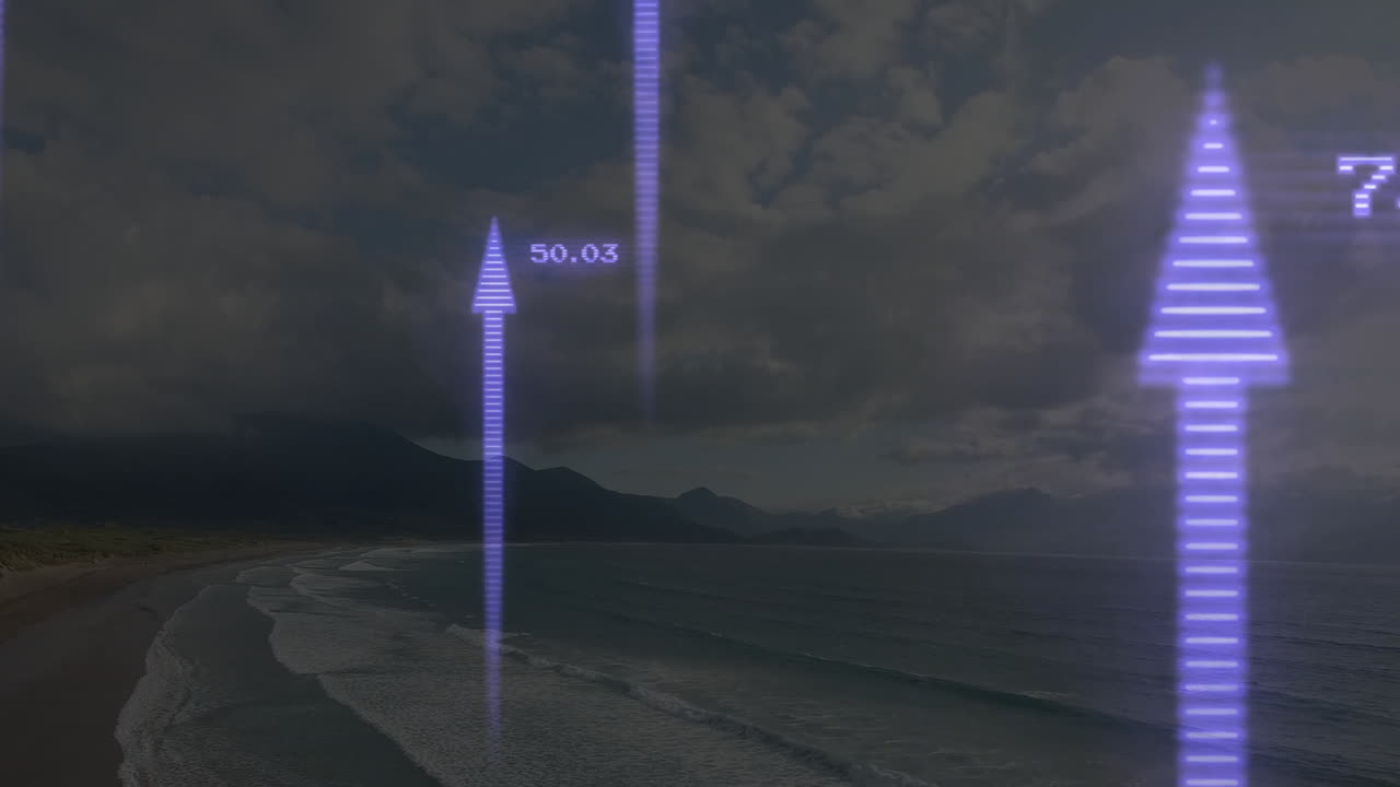 Rising arrow and numbers animation over coastal landscape with cloudy sky