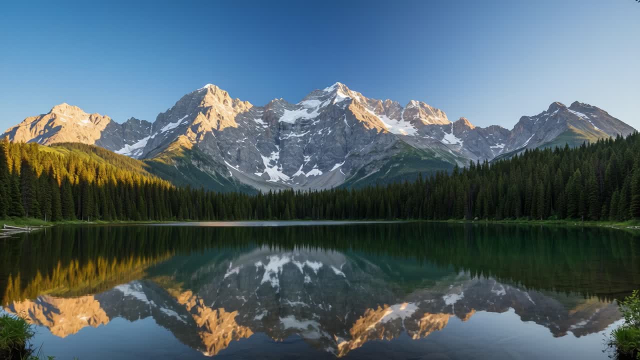 Majestic Mountain Reflection: Captivating Views of Snow-Capped Peaks and Peaceful Lake Surrounded by Lush Forests Under Clear Blue Skies