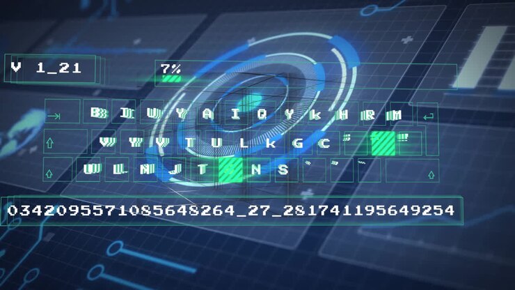 Rotating interface elements with digital code in futuristic data processing animation