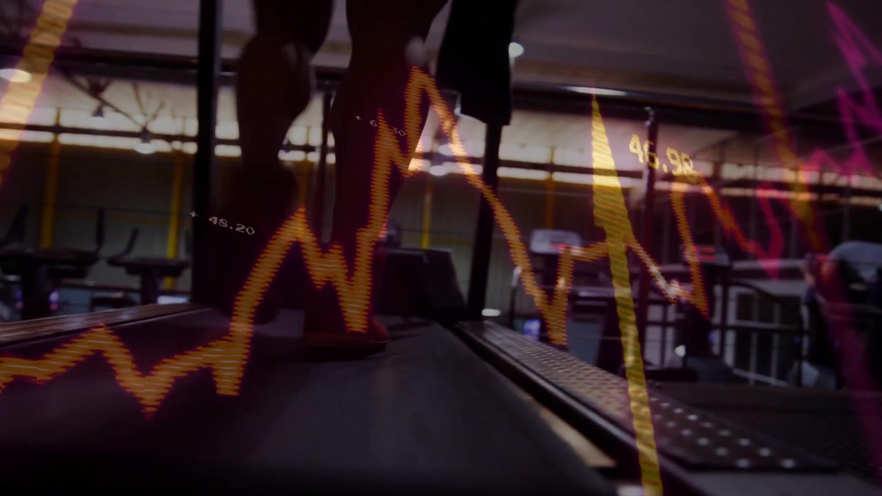 Man walking on treadmill, graphs appearing over deck and tracking pace, monitoring fitness progress