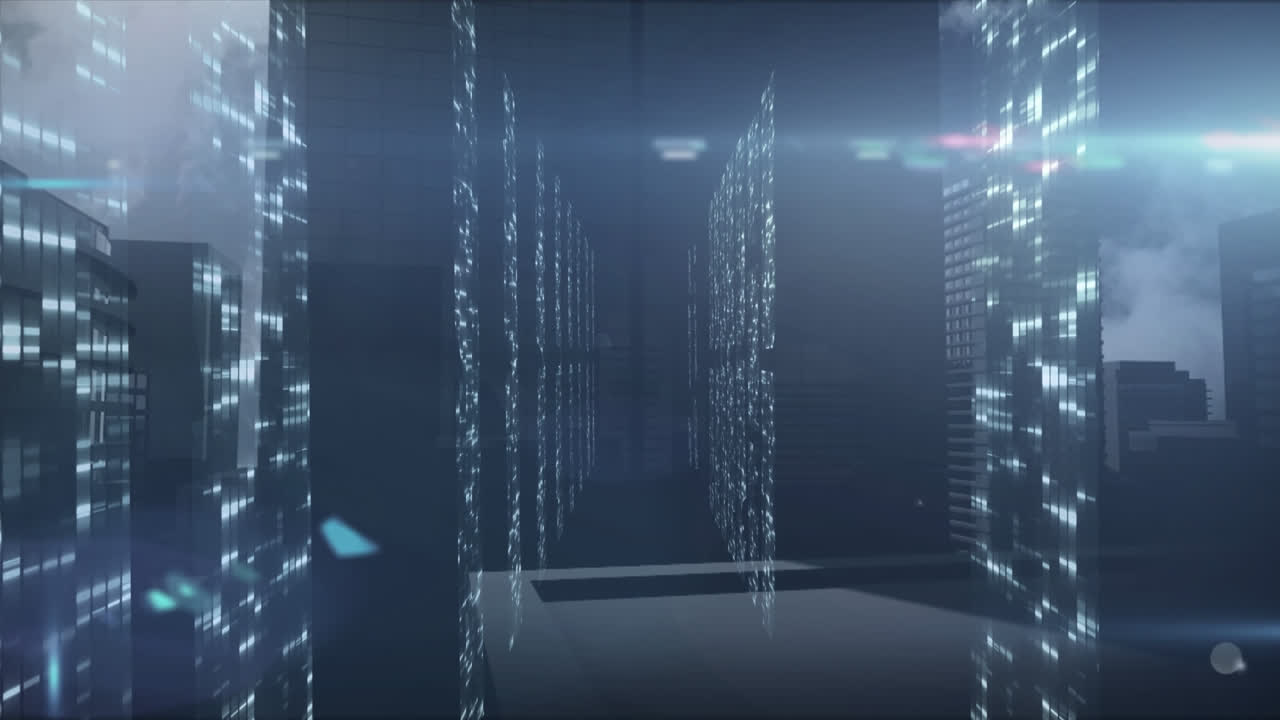 Animation of cityscape over data processing and digital information 