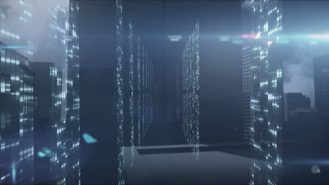 animation of cityscape over data processing and digital information