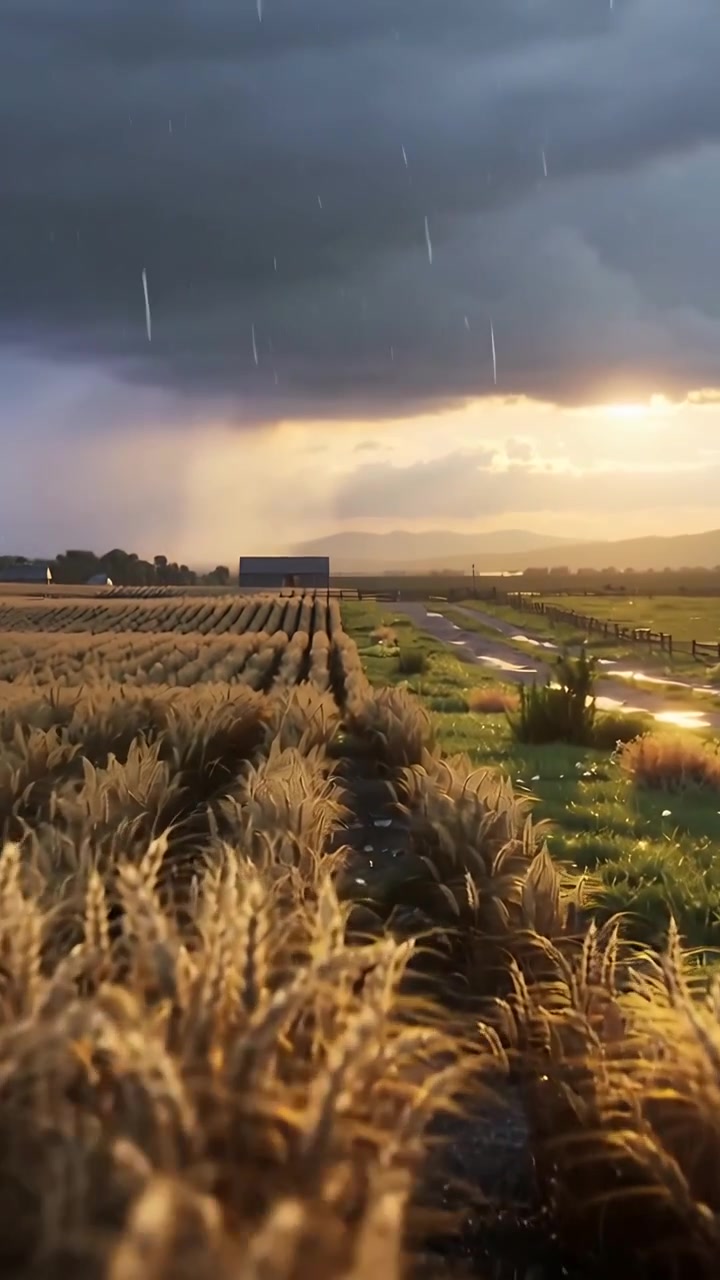 Video verticale: Steli di grano ondeggianti che brillano su un sentiero di campagna mentre una tempesta di passaggio porta pioggia, con il sole basso.