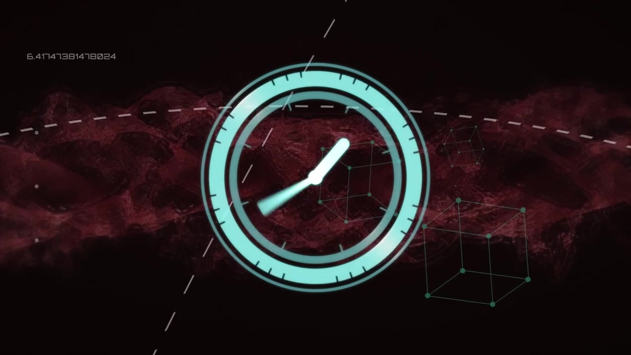 Animation of clock with gold confetti falling and red clouds on black background