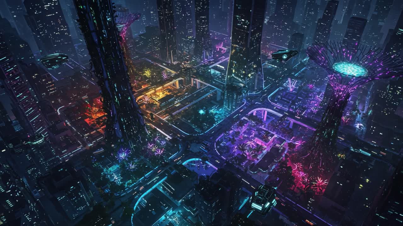 Futuristic Urban Landscape Captured in a Dazzling Night Scene, Where Neon Lights Illuminate a High-Tech City Filled with Skyscrapers and Advanced Technology
