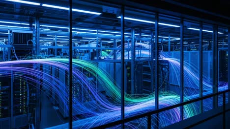 a mesmerizing view inside a high-tech data center, showcasing vibrant light trails illustrating the flow of data and connectivity through server racks in a modern computing environment