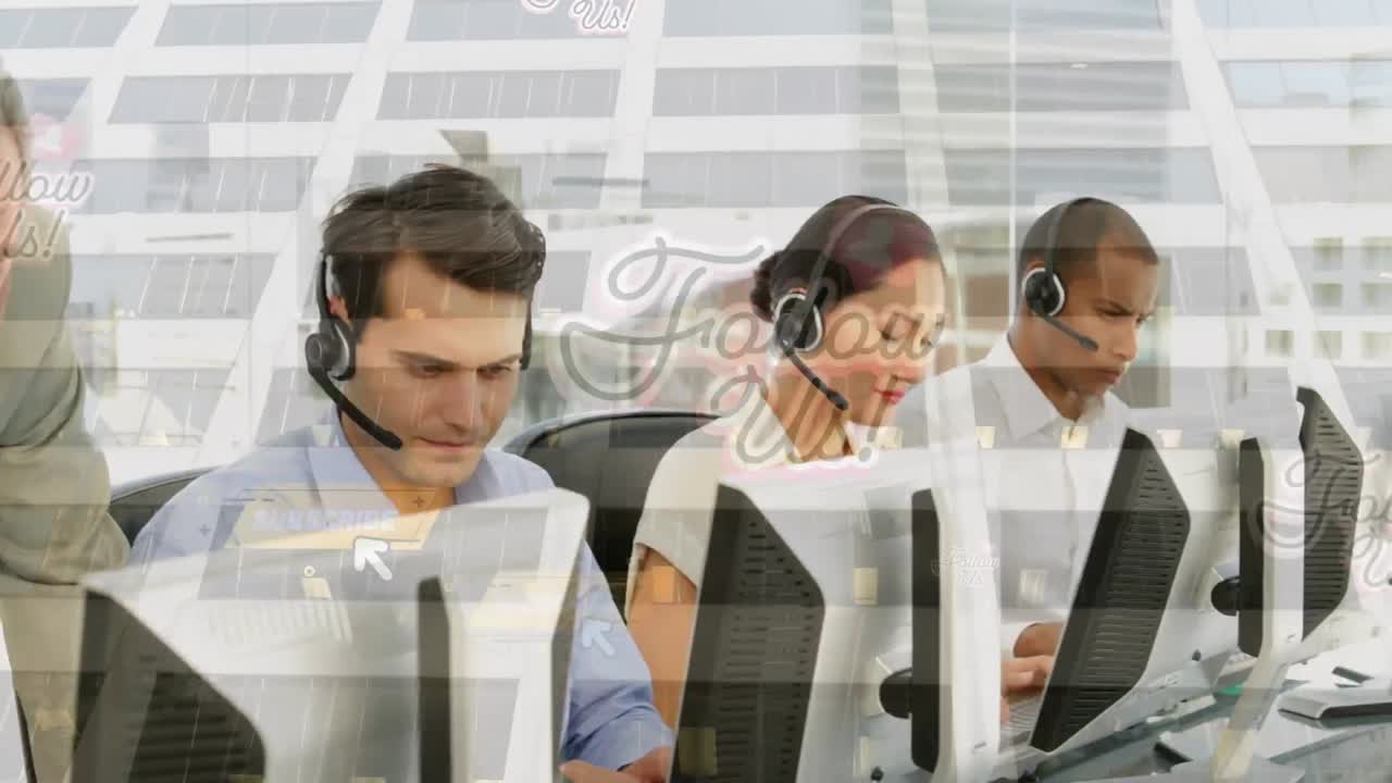 휴대 전화 헤드 ⁇ 을 착용 한 사람들 위에서 휴대 전화 텍스트의 애니메이션