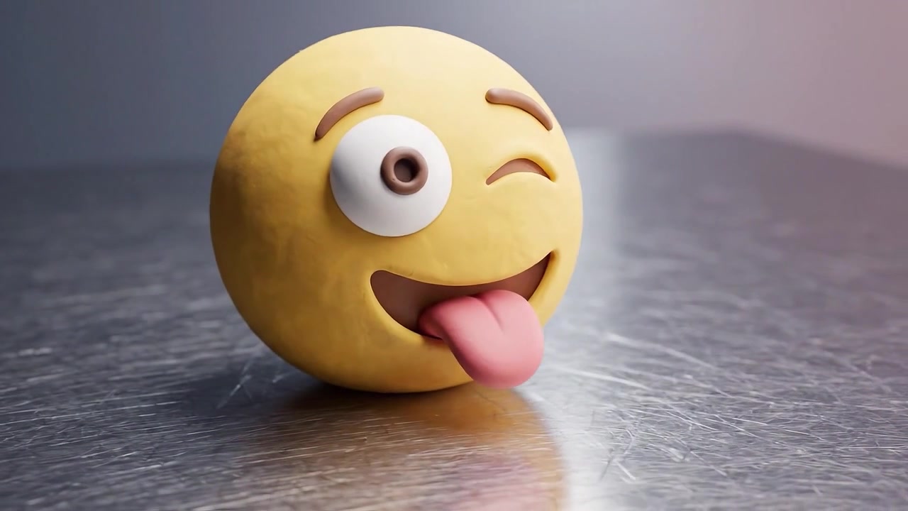 Playful and Whimsical Emoji Design with Tongue Out Expressing Joy and Playfulness, Set Against a Reflective Metallic Surface in a Modern Artistic Style